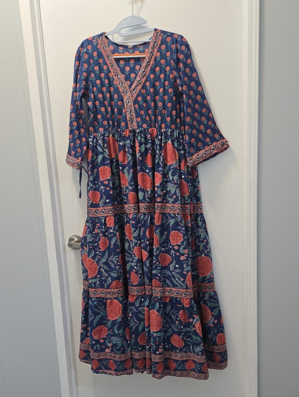 Boho Navy Maxi Dress with Coral Floral & Green Leaf Print